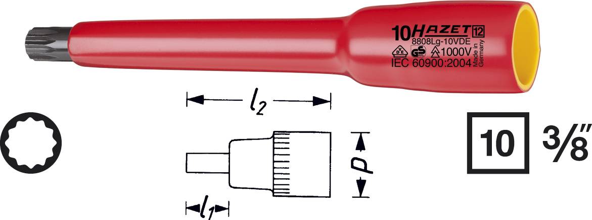 Roter Hazet Schraubendrehereinsatz mit Isolierung und Schutzsymbolen, geeignet für Arbeiten bis 1000V, Produktnummer 8809L-10VDE.