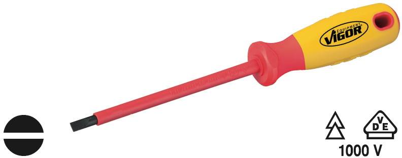 Ein gelb-roter Schlitzschraubendreher von der Marke VIGOR, isoliert für bis zu 1000 V. Symbole zeigen Isolation und Sicherheitsstandards an.