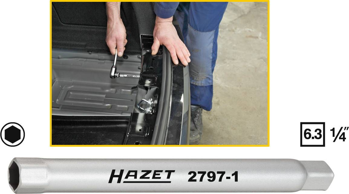 Eine Person benutzt ein Hazet-Schraubwerkzeug an einem Auto. Darunter ein Bild des Werkzeugs mit der Aufschrift 'Hazet 2797-1'.