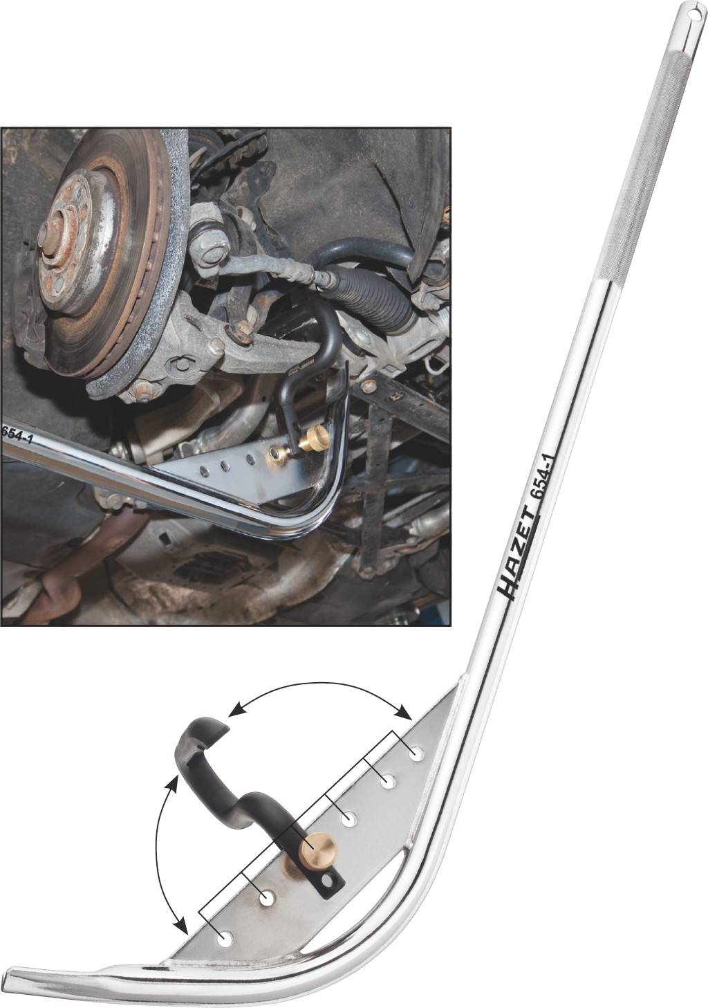 Eine Brechstange von Hazet wird verwendet, um Autoteile zu bewegen. Im Hintergrund ist ein Teil eines Autounterbodens sichtbar.