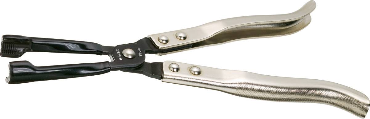 Zange mit gebogenen Griffen und schwarzem Ende, verwendet für spezifische mechanische oder technische Arbeiten.