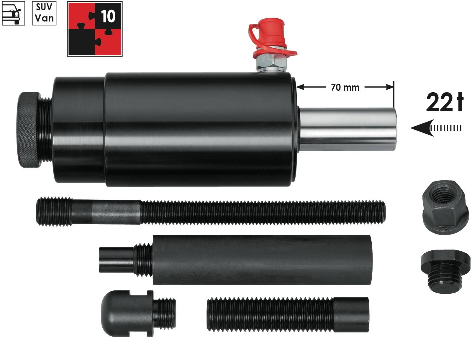 Vigor V2854 Druck- und Zug-Hydraulikzylinder 22 t, 9-teilig