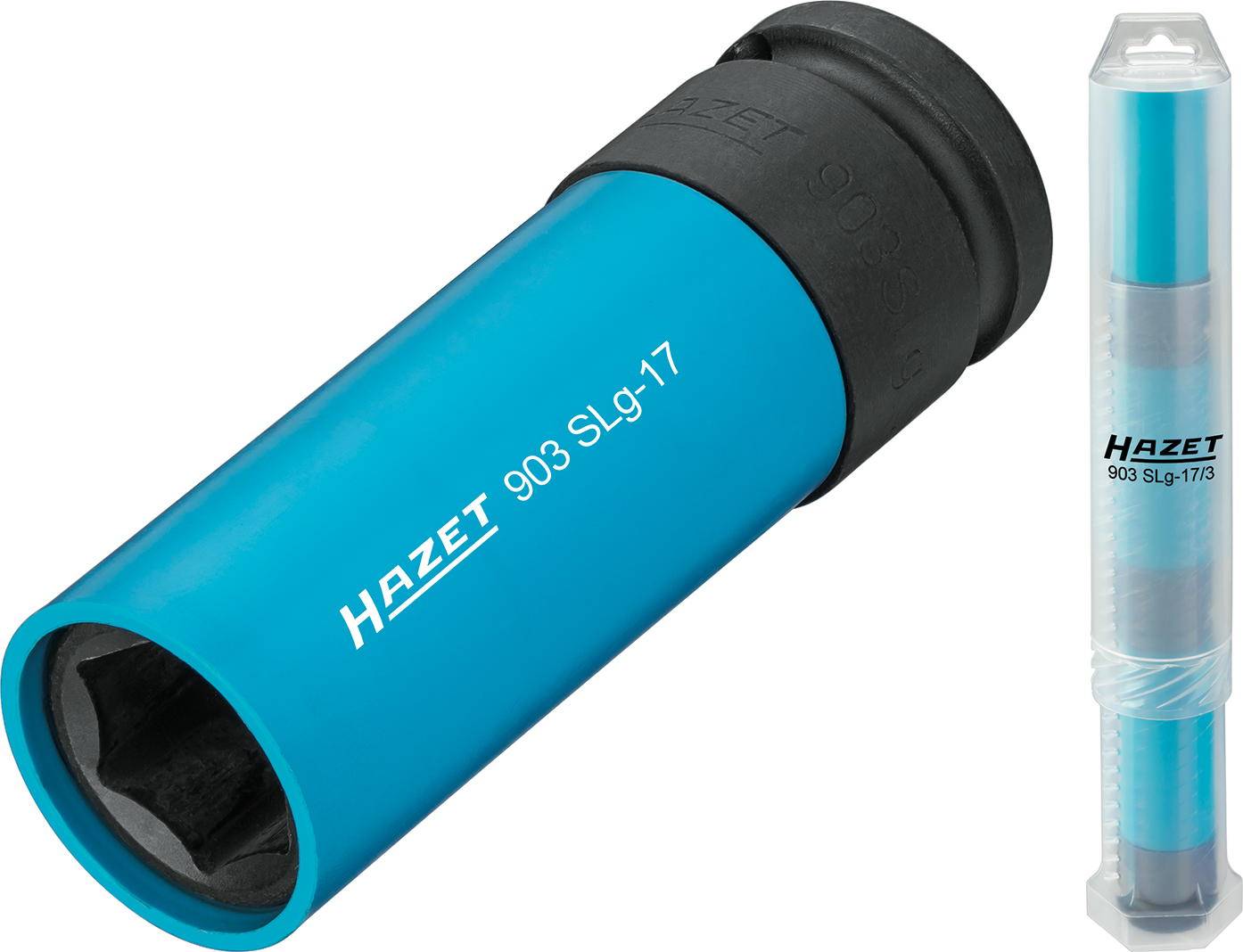 Zwei robuste blaue Steckschlüssel der Marke Hazet, einer in der Verpackung, der andere lose. Geeignet für 17 mm Sechskantschrauben.