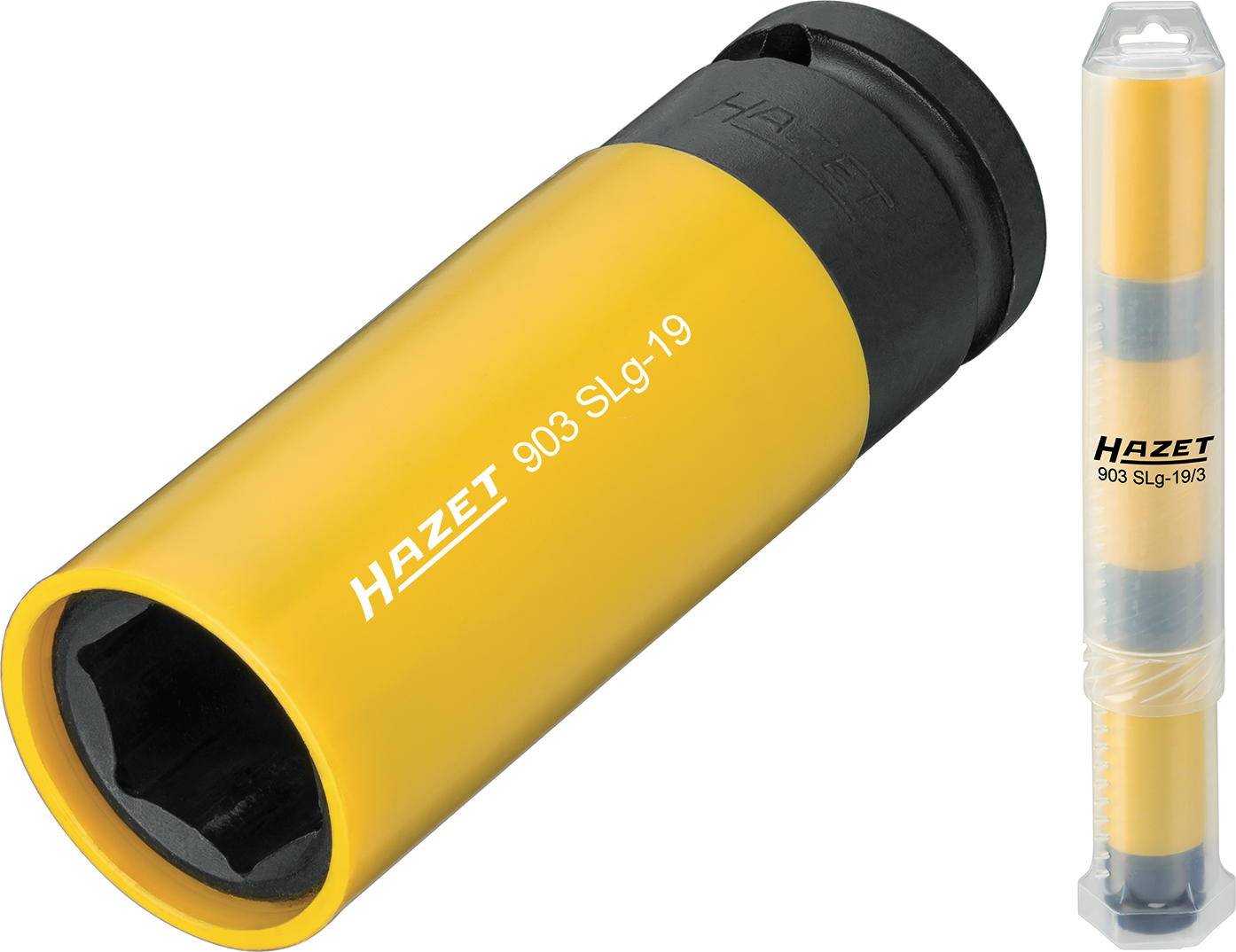 Gelber Hazet-Radmutternschlüssel, Modell 903 SLG-19, zur sicheren Montage von Radmuttern. Verpackt im transparenten Kunststoffetui.