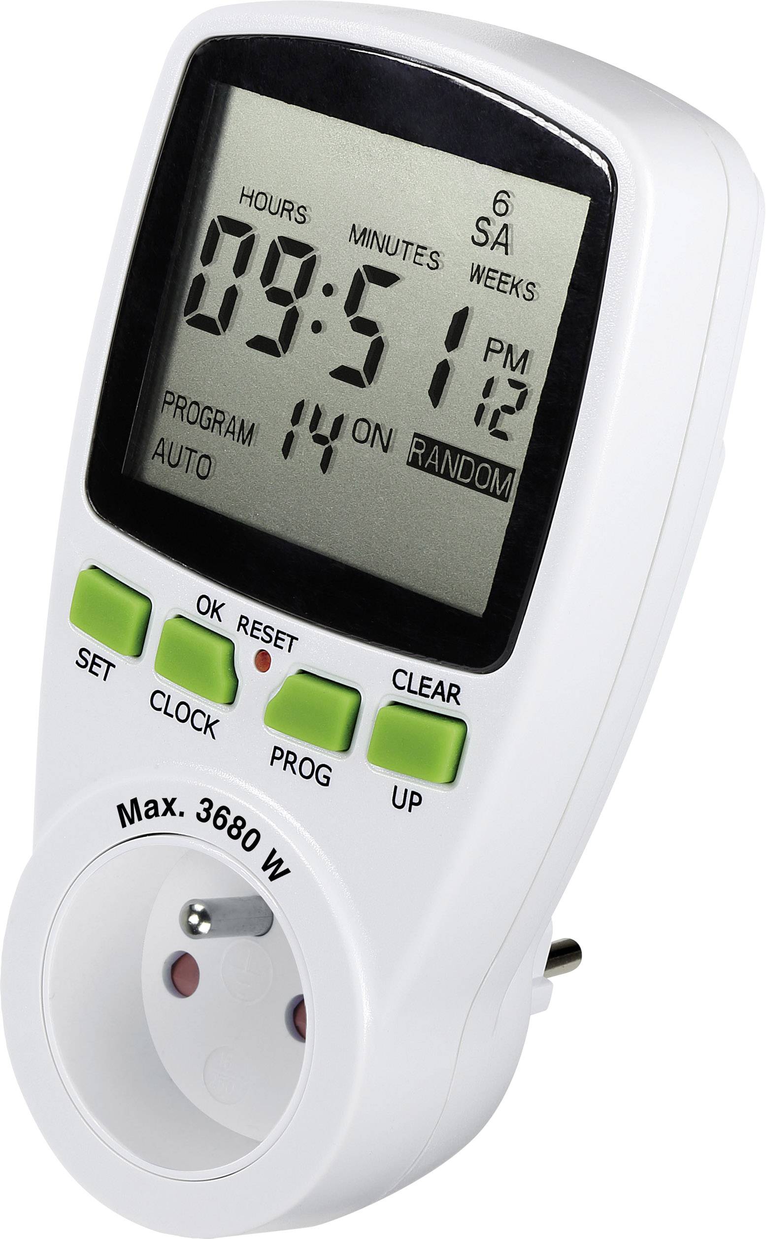 Renkforce 1289404 Steckdosen-Zeitschaltuhr digital Wochenprogramm 3680W IP20 Countdown-Funktion, Zufallsfunktion