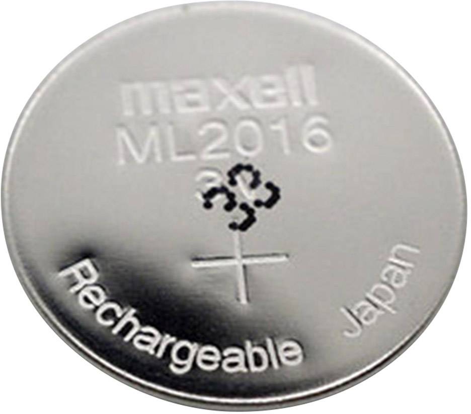 Runde, silberne Knopfzellenbatterie mit Aufschrift 'maxell ML2016 Rechargeable Japan' und positivem Symbol.