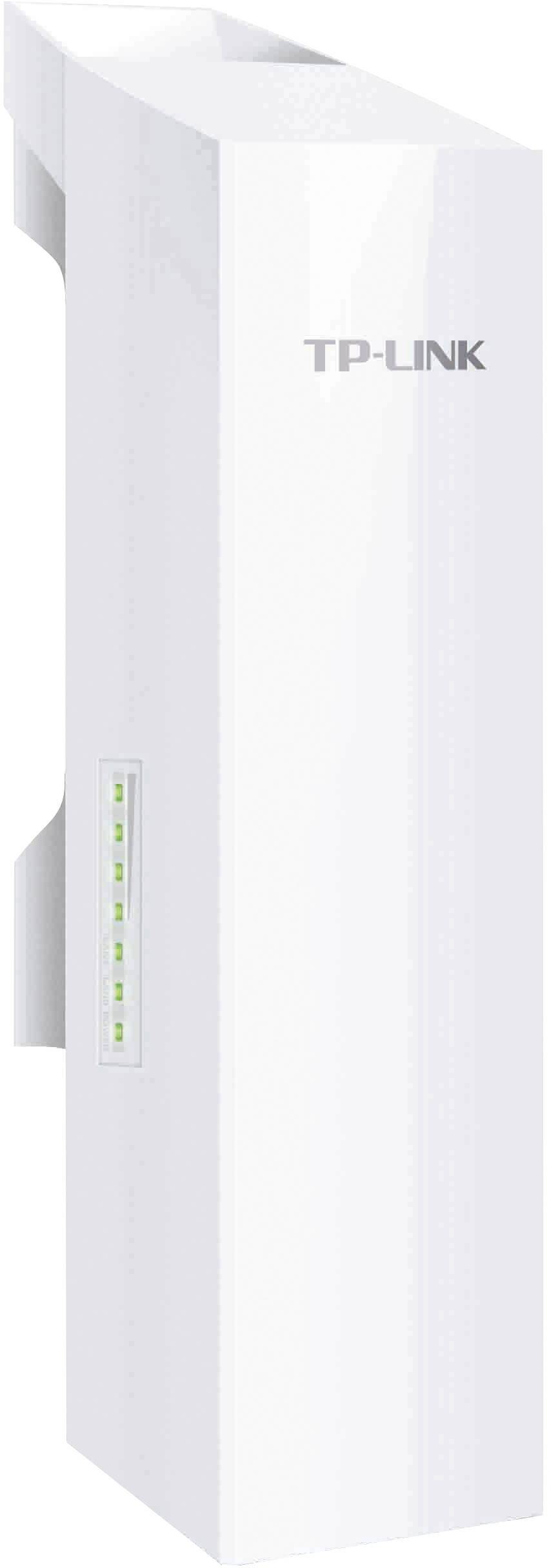 Weiße TP-Link-Netzwerkantenne mit LED-Anzeigen. Geeignet für drahtlose Verbindungen in Außenbereichen.