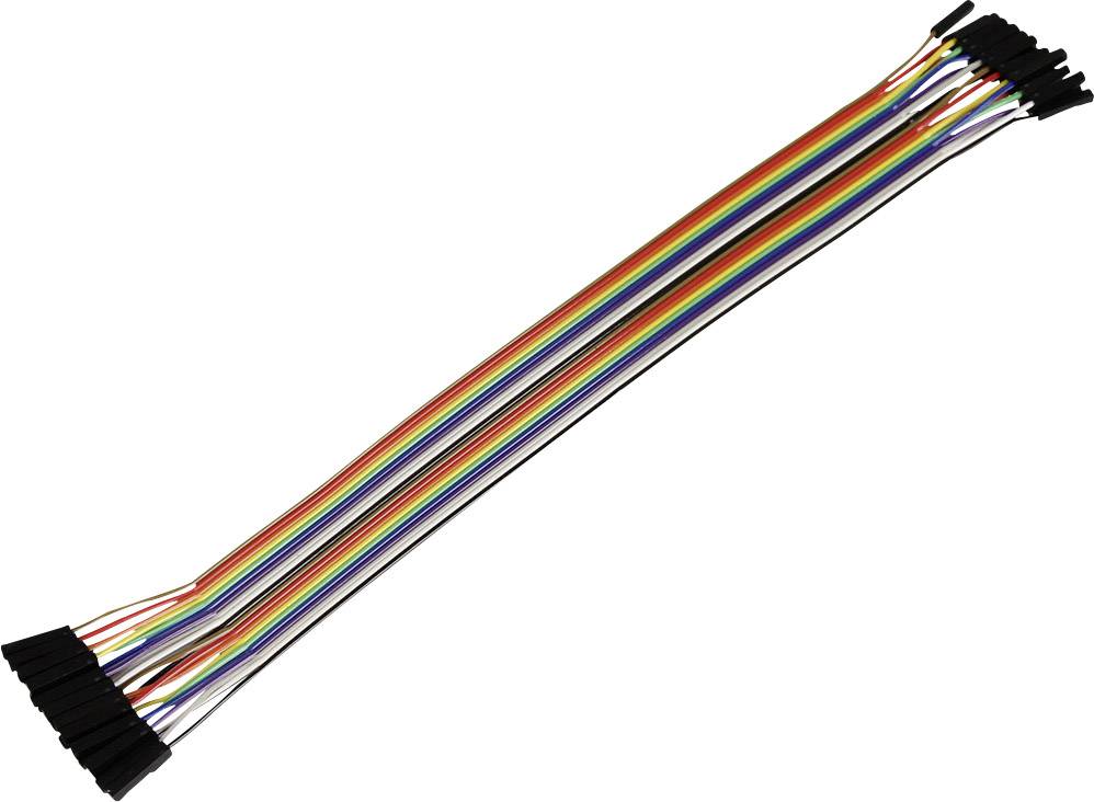 Bunte, mehrfache Jumper-Kabel mit schwarzen Steckverbindern an beiden Enden. Sie sind in parallelen Linien angeordnet.
