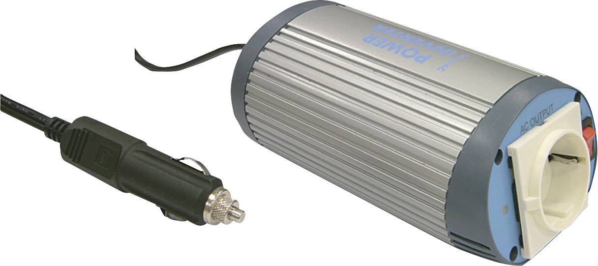 Wechselrichter für Auto, zylindrisch, mit 12-Volt-Stecker und Steckdose, genutzt zur Stromumwandlung und Ladung von Geräten unterwegs.