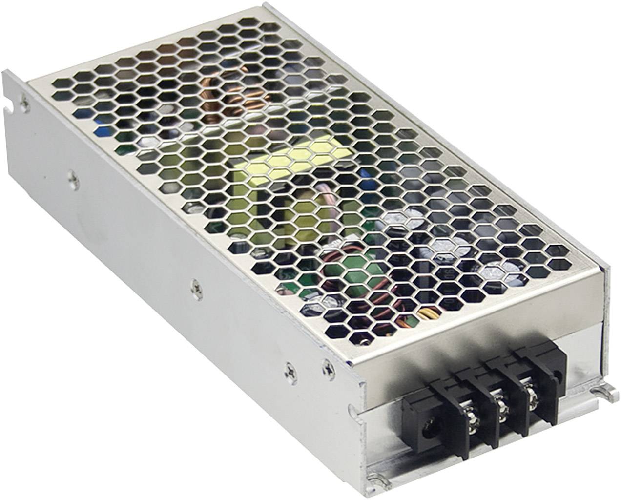 Rechteckiges, silbernes Netzteil mit Wabengitter-Abdeckung, das elektronische Bauteile schützt. Verwendet in elektronischen Geräten zur Stromversorgung.