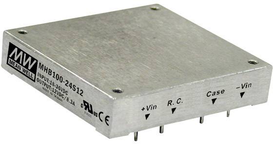 Rechteckiger elektronischer Spannungswandler von Mean Well mit fünf Pins für Ein- und Ausgänge, silbernes Gehäuse.