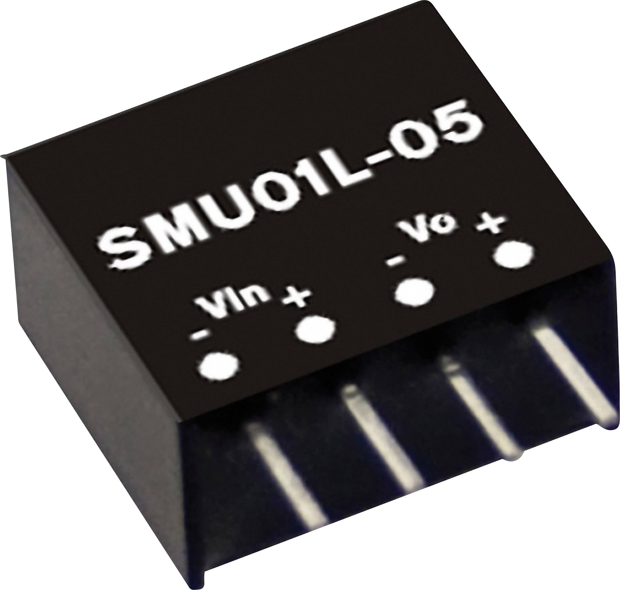 'SMU01L-05' Chip mit drei Pins beschriftet als 'Vin+', 'Vin-', und 'Vo+'. Steckertyp und Modellnummer sind sichtbar.
