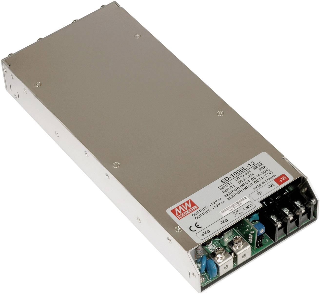Rechteckiges elektronisches Gerät mit Metallgehäuse, mehreren Anschlüssen und einem Typenschild mit technischen Spezifikationen oben.