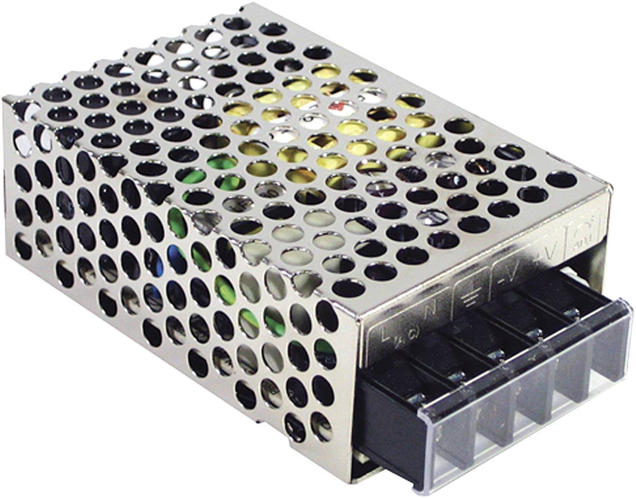 Netzteil in Metallgehäuse mit Lüftungslöchern, Frontansicht zeigt Anschlussklemmen, kompakt und industrieller Stil.