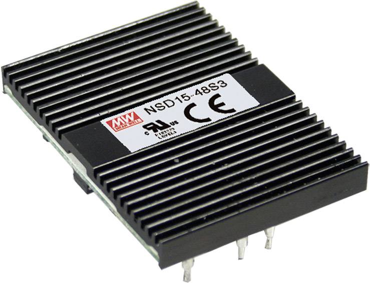 Ein elektronisches Bauteil mit Kühlrippen, gekennzeichnet mit 'NSD15-48S3' und CE-Zeichen, vermutlich ein Spannungswandler.