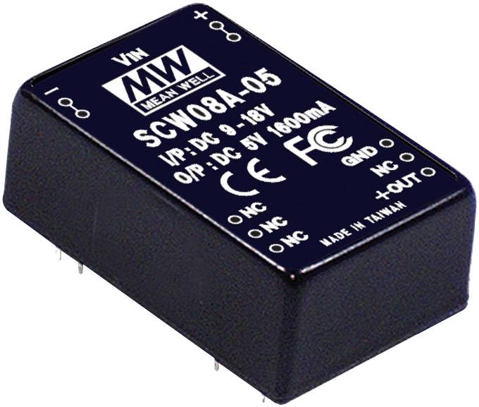'Mean Well' Spannungswandler SCW08A-05, Eingang: 9-18V DC, Ausgang: 5V DC 1600mA, kompakte rechteckige Bauform, CE- und FCC-zertifiziert.