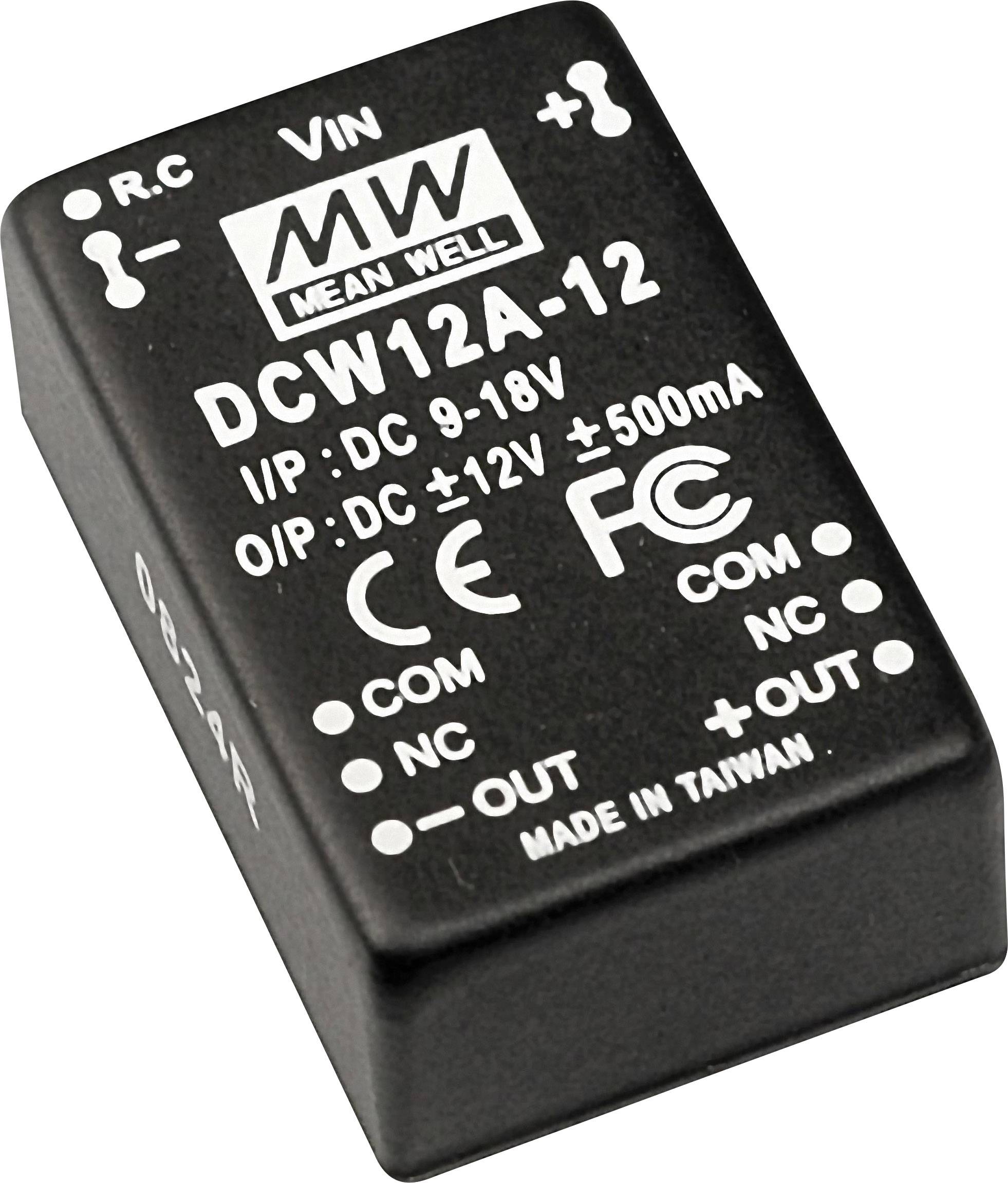 Schwarzer elektronischer Baustein mit Aufschrift 'MEAN WELL DCW12A-12', Eingang: DC 9-18V, Ausgang: DC +12V, 500mA, CE-Logo.