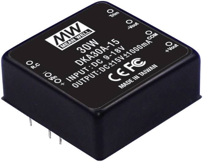 Mean Well DKA30A-15 Spannungswandler, 30W, Eingang: 9-18V DC, Ausgang: ±15V ±1000mA, hergestellt in Taiwan.