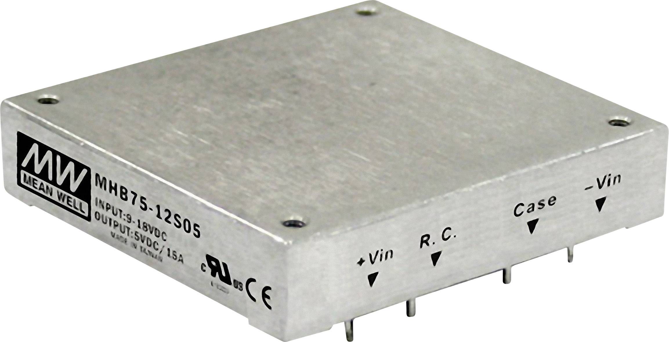 Kompaktes Metallgehäuse eines elektronischen Bauteils mit mehreren Anschlüssen. Gehäuse ist mit 'Mean Well MHB75-12S05' beschriftet.