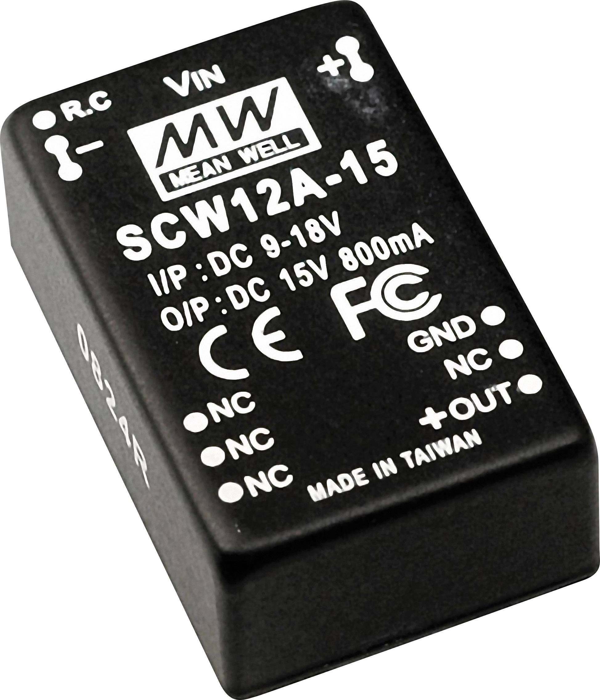 Schwarzes Schaltnetzteil-Modul von Mean Well, Modell SCW12A-15, Eingang: 9-18V DC, Ausgang: 15V DC, 800mA, hergestellt in Taiwan.