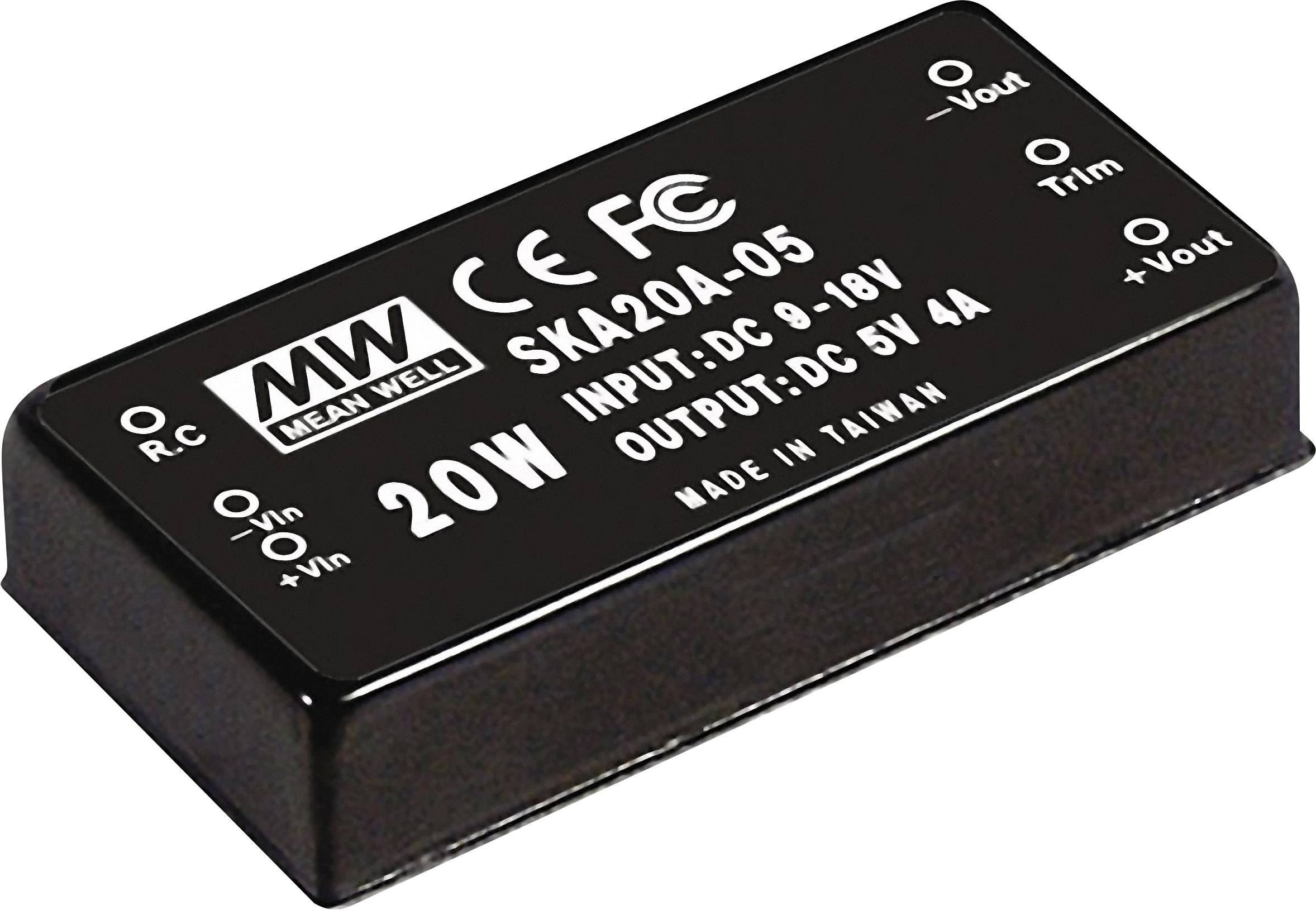 Elektronisches Gerät mit Aufschrift: 'MW Mean Well SKA20A-05', Eingabe: DC 9-18V, Ausgabe: DC 5V 4A, 20W, hergestellt in Taiwan.
