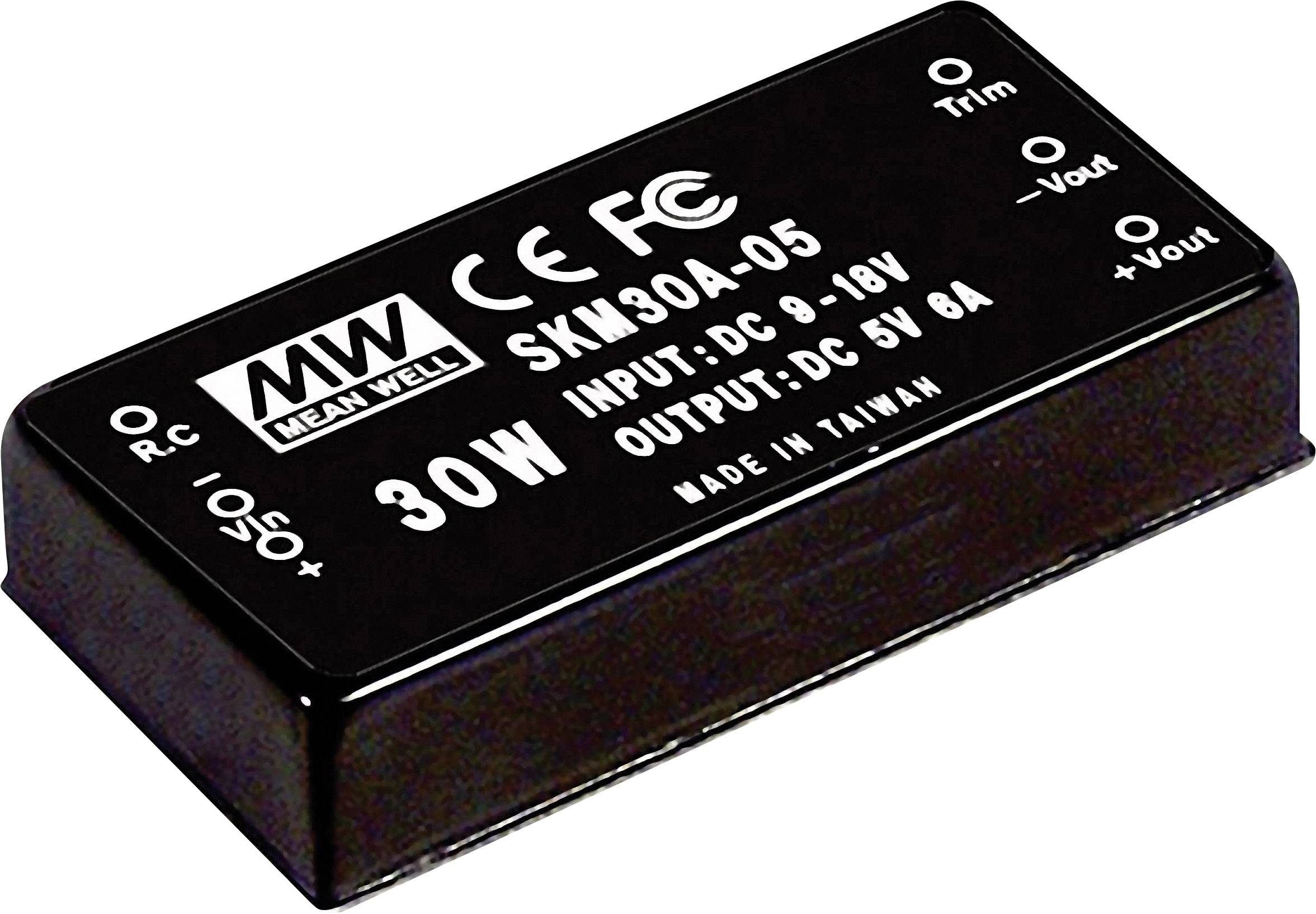 Elektronischer Spannungswandler von Mean Well. Modell SKM30A-05, Eingangsspannung 9-18V, Ausgangsspannung 5V, 6A, 30W. Hergestellt in Taiwan.