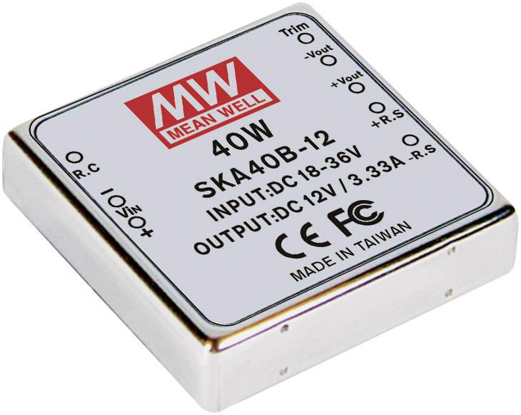 Elektronisches Bauteil von MEAN WELL, 40W, Modell SKA40B-12. Eingang: DC 18-36V, Ausgang: DC 12V/3.33A. Hergestellt in Taiwan. CE- und FCC-zertifiziert.