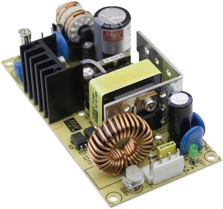 Eine Leiterplatte mit elektronischen Bauteilen wie Spulen, Kondensatoren, einem Kühlkörper und einem gelben Transformator.