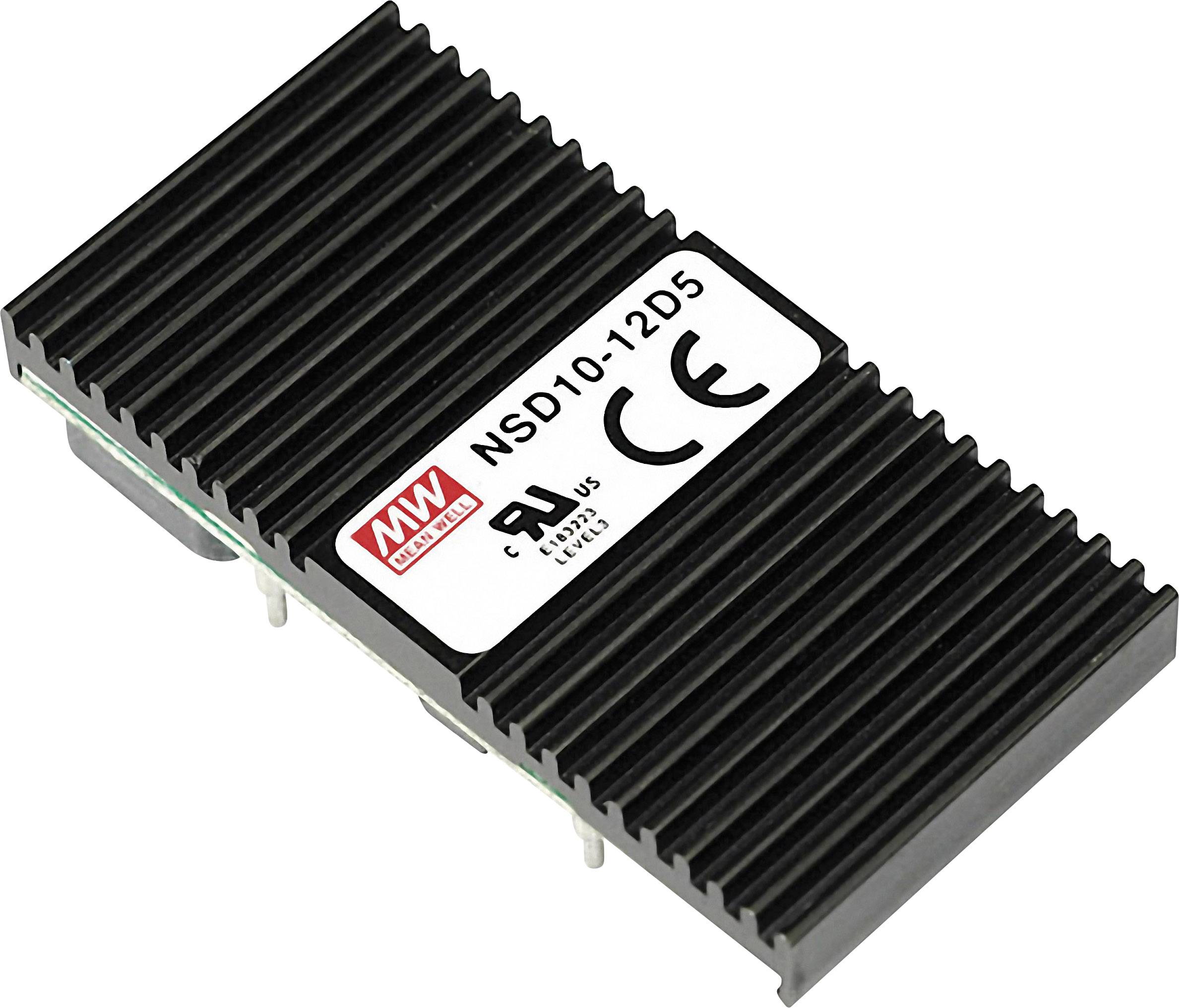 Schwarzes Elektronikmodul mit Kühlrippen und weißem Etikett, auf dem 'NSD10-12D5', 'CE'- und andere Zertifikatsymbole stehen.