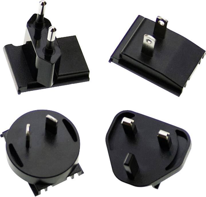 Vier schwarze Adapterstecker für internationale Steckdosen, darunter EU-, UK-, US- und australische Modelle.