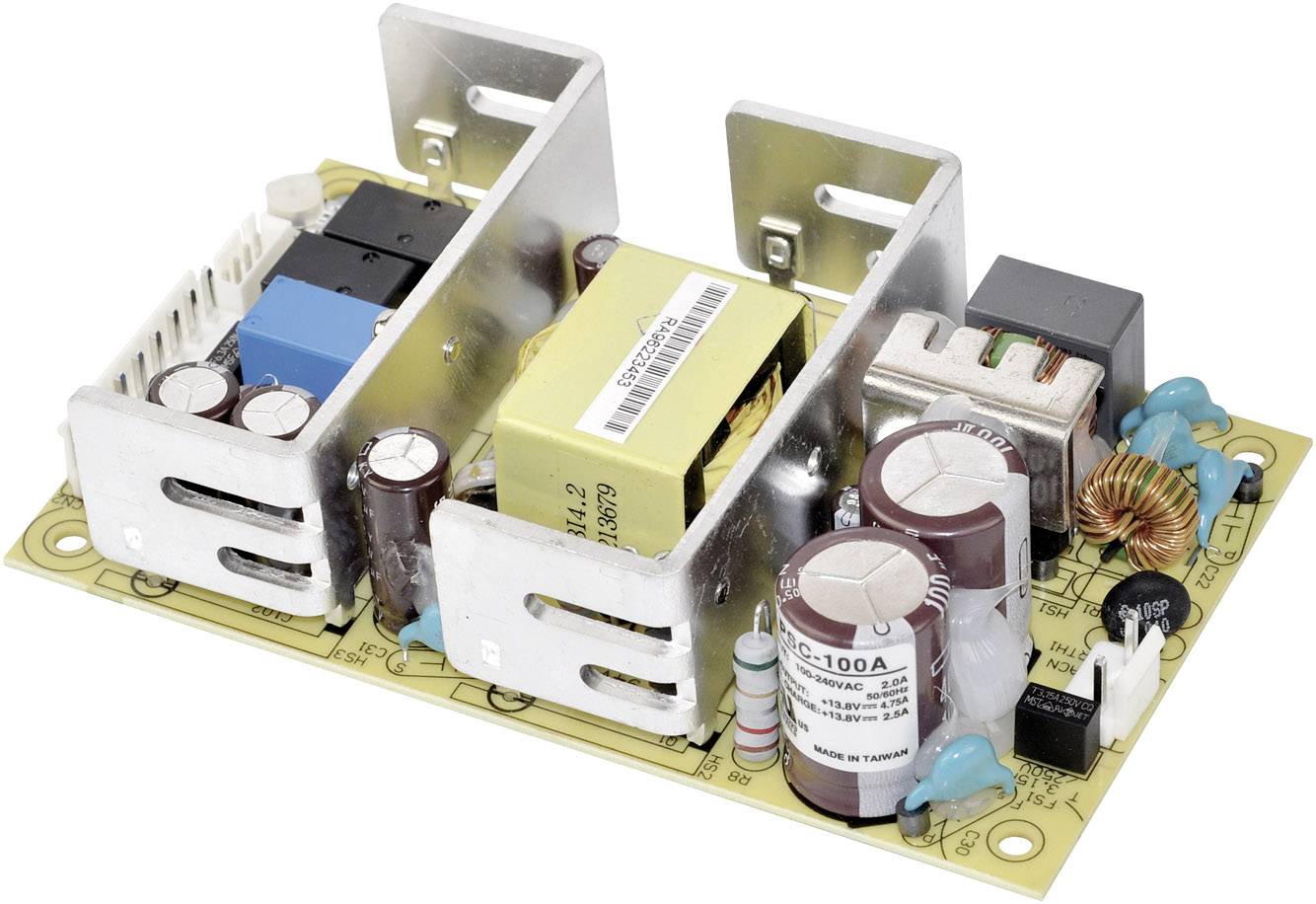 Elektronische Platine mit verschiedenen Komponenten, darunter Kondensatoren, Transformator und Kühlkörper, auf hellbrauner Leiterplatte montiert.