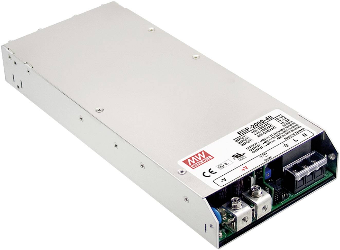 Ein rechteckiges Netzteil mit Metallgehäuse und mehreren Anschlüssen an der Vorderseite. Etikett zeigt technische Spezifikationen.