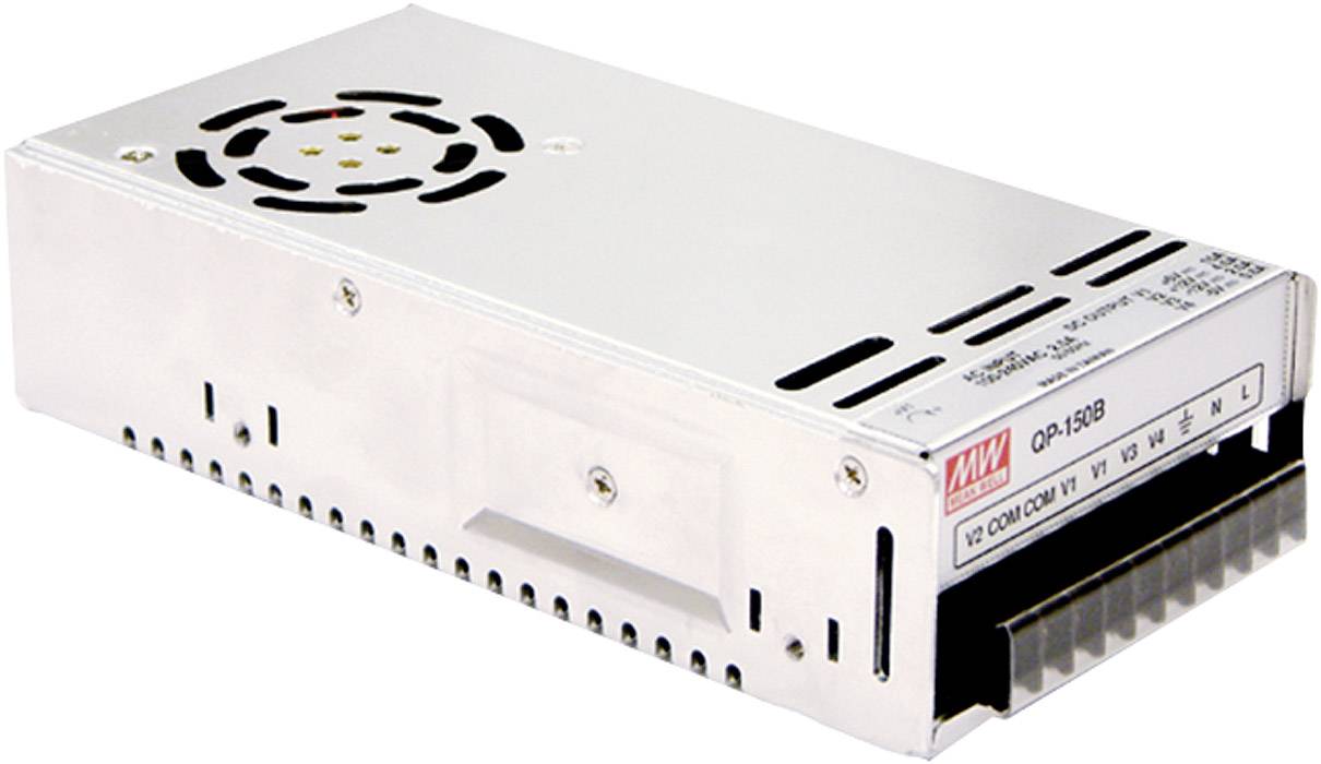 Ein silbernes Schaltnetzteil der Marke Mean Well, Modell QP-150B, mit einem Lüfter an der Oberseite und Anschlüssen an der Vorderseite.