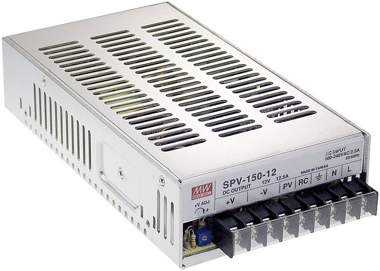 Metallisches Schaltnetzteil mit Lüftungsschlitzen. Modell 'SPV-150-12', Ein- und Ausgänge beschriftet. Markenname sichtbar.