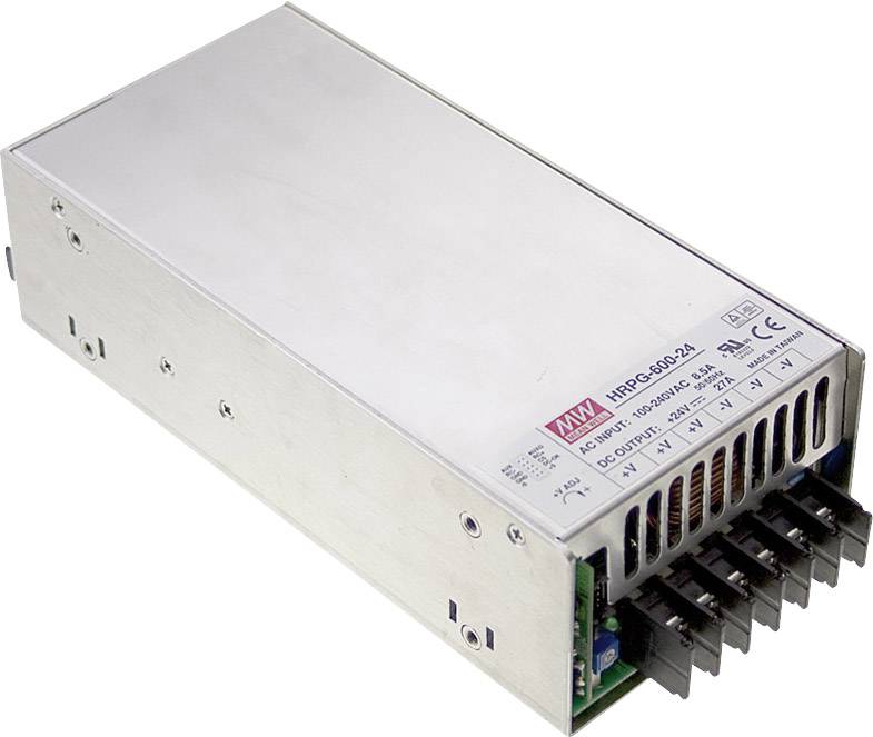 Metallisches Schaltnetzteil mit Lüftungsgitter und mehreren Kabelanschlüssen auf der Vorderseite. Modell und technische Spezifikationen sind sichtbar.