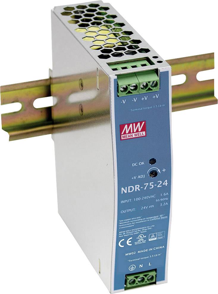 Netzteil-Modul mit blauer Front, Modell 'NDR-75-24', Markenlogo oben. Geeignet für DIN-Schiene, Eingang 100-240V AC, Ausgang 24V 3.2A.