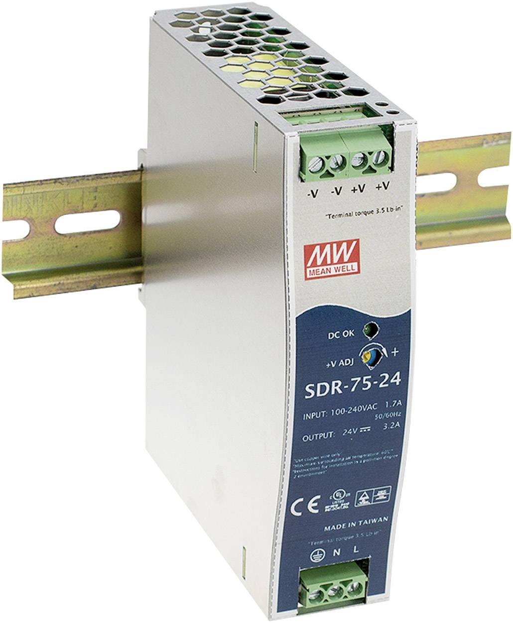Mean Well Netzteil SDR-75-24, montiert auf einer DIN-Schiene. Eingang 100-240VAC, Ausgang 24V 3.2A. Geeignet für industrielle Anwendungen.
