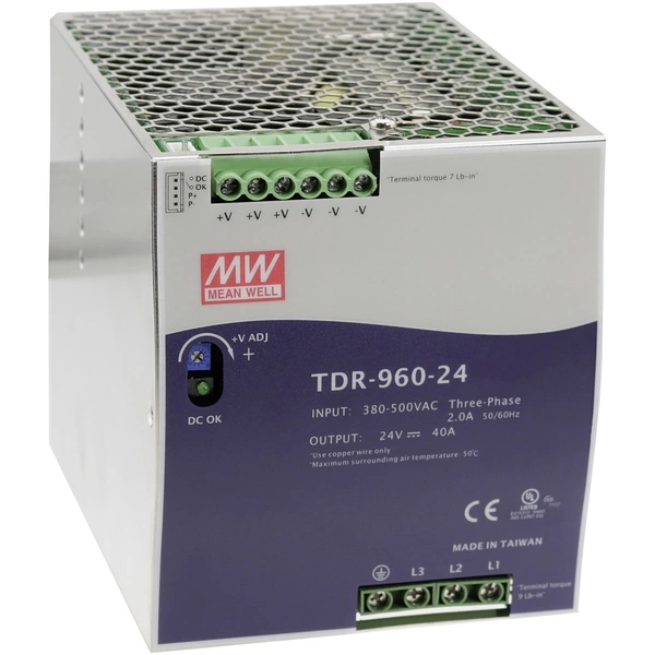 Mean Well MW TDR-960-24 Hutschienen-Netzteil (DIN-Rail) 24 V/DC 40A 960W Anzahl Ausgänge:1 x Inhalt 1St. Mean Well MW TDR-960-24 Hutschienen-Netzteil (DIN-Rail) 24 V/DC 40A 960W Anzahl Ausgänge:1 x Inhalt 1St.