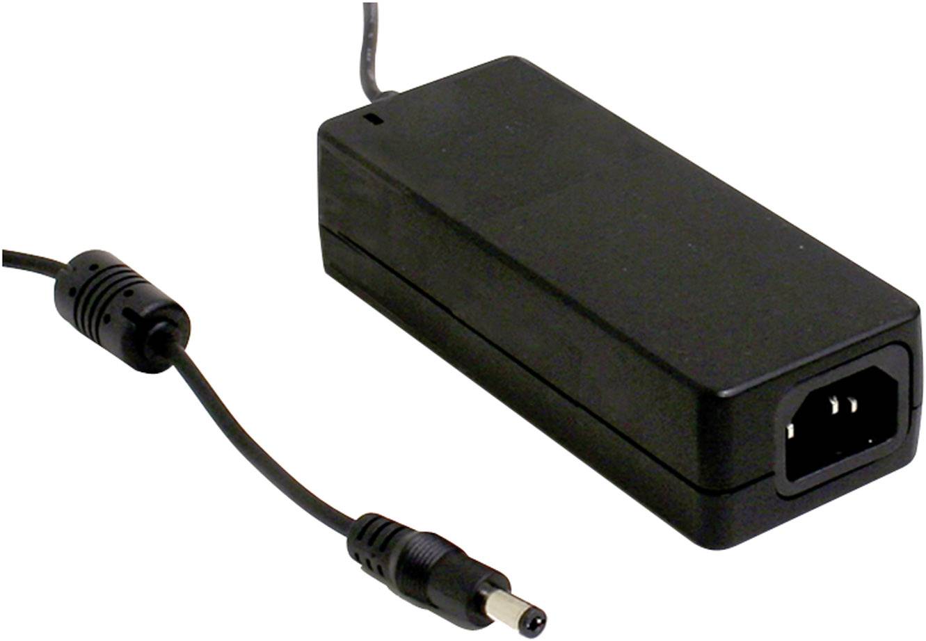 Ein schwarzes Netzteil mit einem Stromkabel und einem Stecker, das zur Stromversorgung elektronischer Geräte verwendet wird.