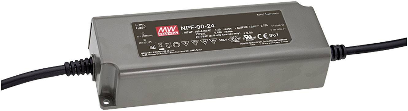 Ein rechteckiges elektrisches Netzteil mit Beschriftung und zwei Kabeln an den Enden. Steckdosenkompatibel, Modell 'NPF-60-24'.