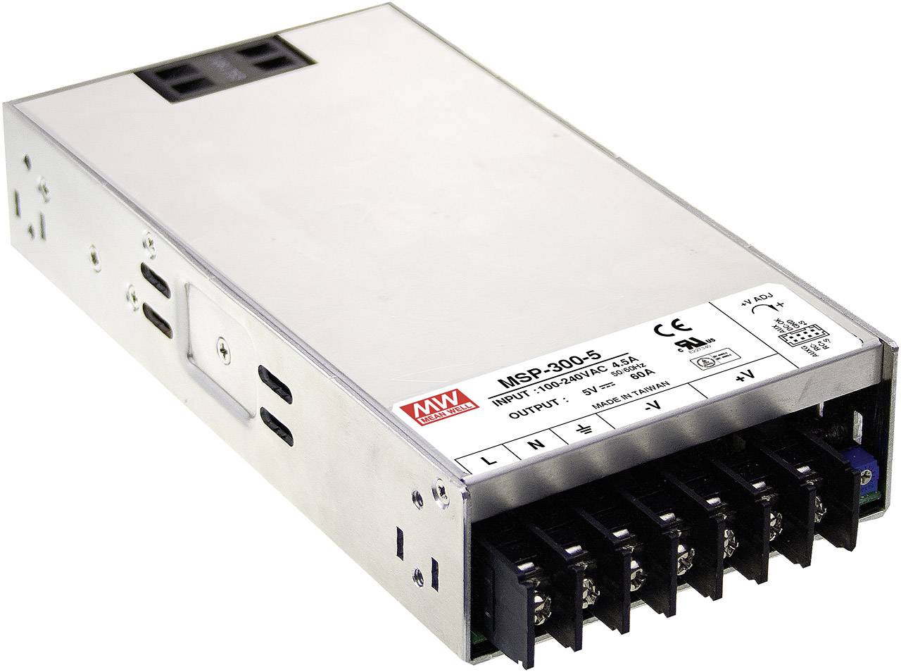 Metallisches Netzteil mit mehreren Anschlussklemmen an der Vorderseite, beschriftet mit Modellnummer 'MSP-300-5'.