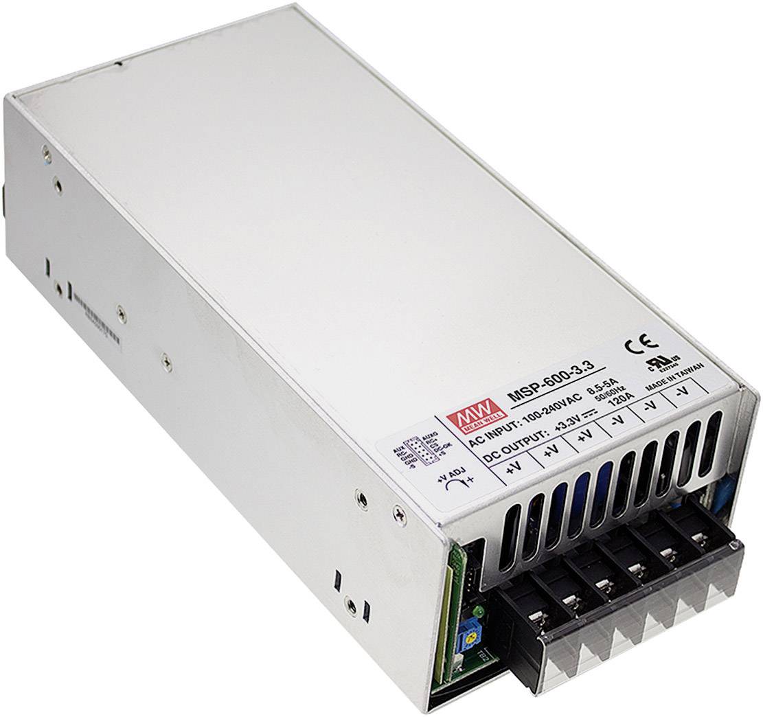 Ein Metall-Netzteil-Modul mit Lüftungsschlitzen und Anschlüssen für Stromkabel. Modellnummer 'MSP-600-12'.