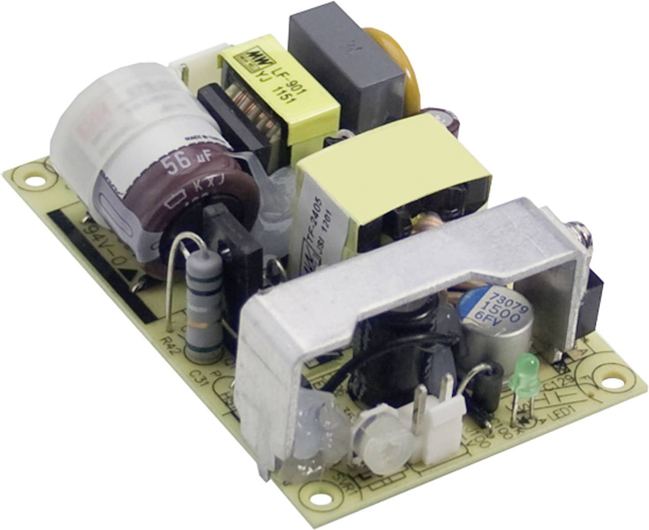 Eine elektronische Leiterplatte mit verschiedenen elektronischen Bauteilen wie Kondensatoren, Widerständen und Transformatoren.