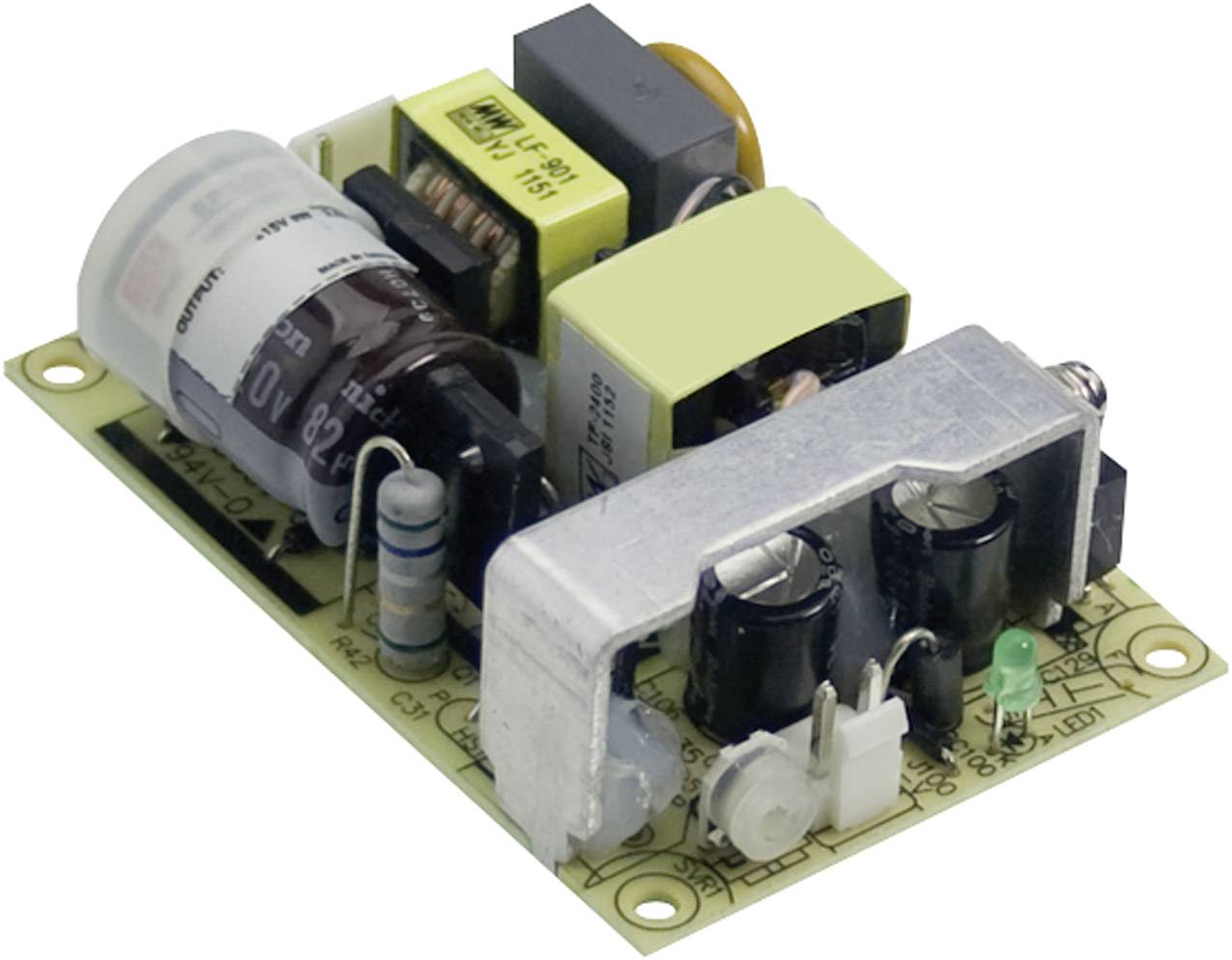 Elektronisches Bauteil auf Platine mit verschiedenen Kondensatoren, Spulen und Widerständen. Hauptfunktion: Spannungskonvertierung.