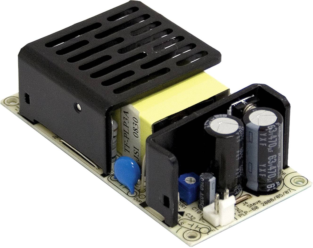 Die Abbildung zeigt ein elektronisches Schaltnetzteil mit sichtbaren Komponenten wie Kondensatoren und einer gelben Spule auf einer Platine.