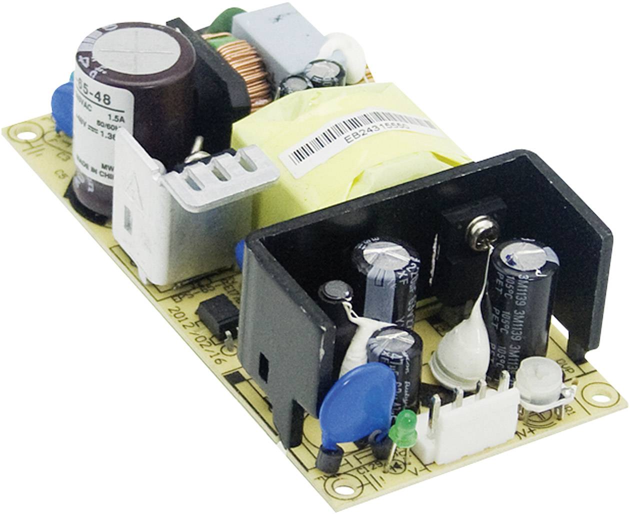 Leiterplatte mit elektronischen Bauteilen, darunter Kondensatoren, Spulen und ein Transformator, auf einer gelben Platine.