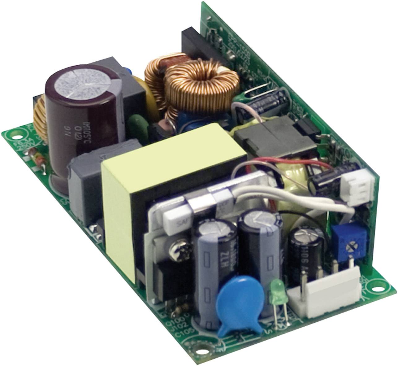 Eine Platine mit elektronischen Bauteilen wie Kondensatoren, Induktivitäten und Chips, die auf einer grünen Leiterplatte montiert sind.