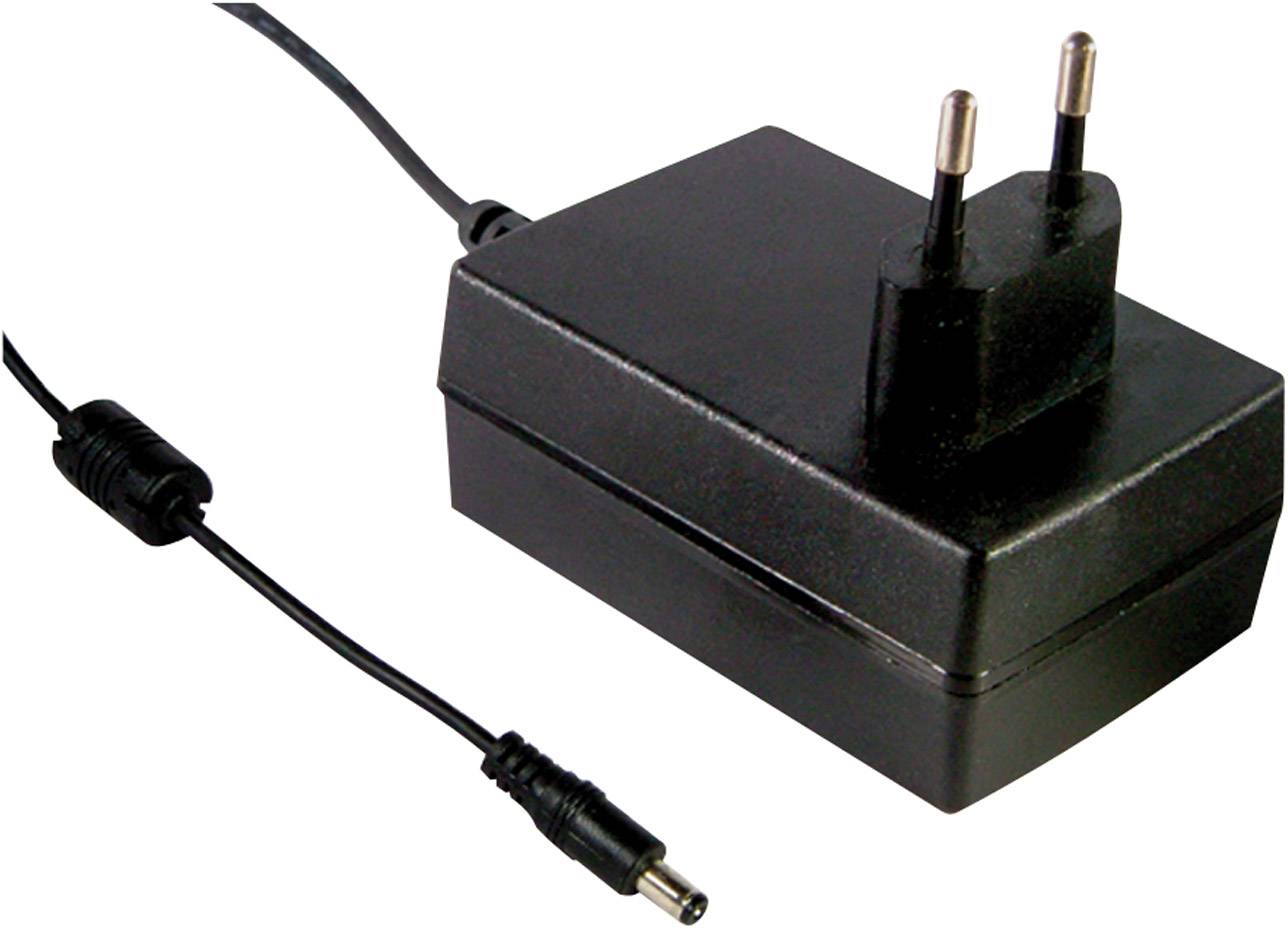 Schwarzes Netzteil mit Eurostecker und Anschlusskabel, geeignet für elektronische Geräte.