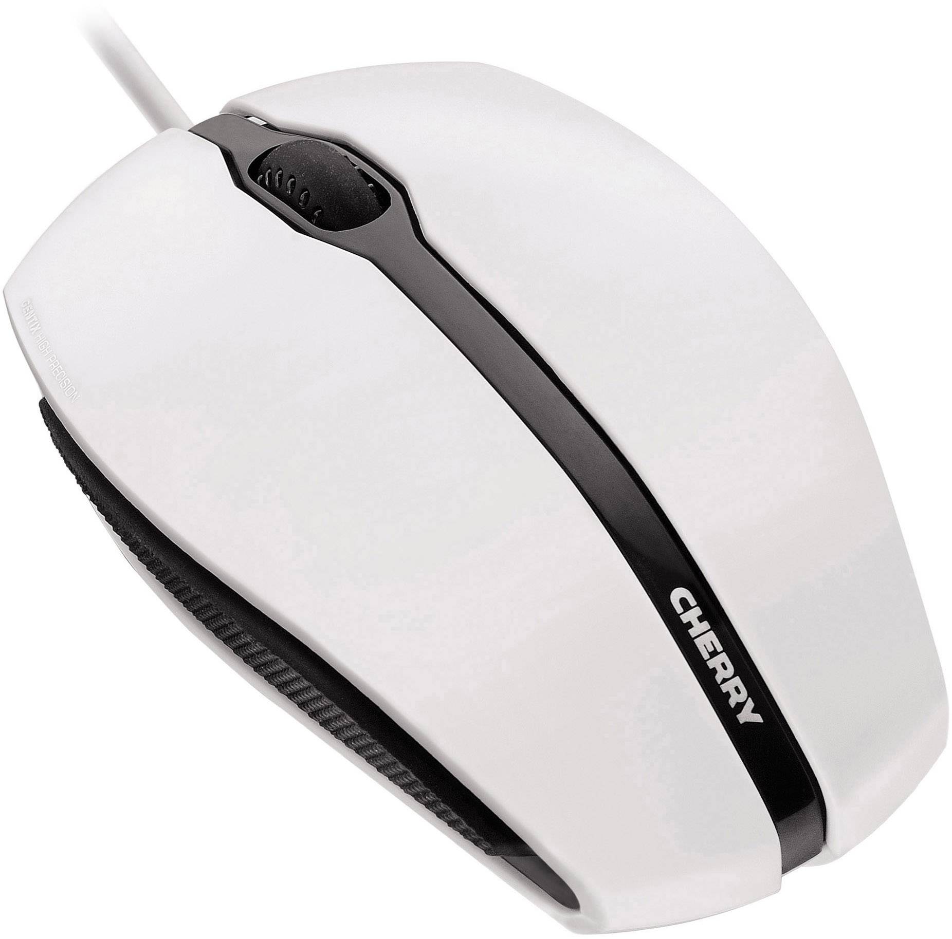 Weiße Computermaus mit Kabel, schwarzem Scrollrad und seitlichen Griffen. Aufdruck 'CHERRY' auf der Oberseite.
