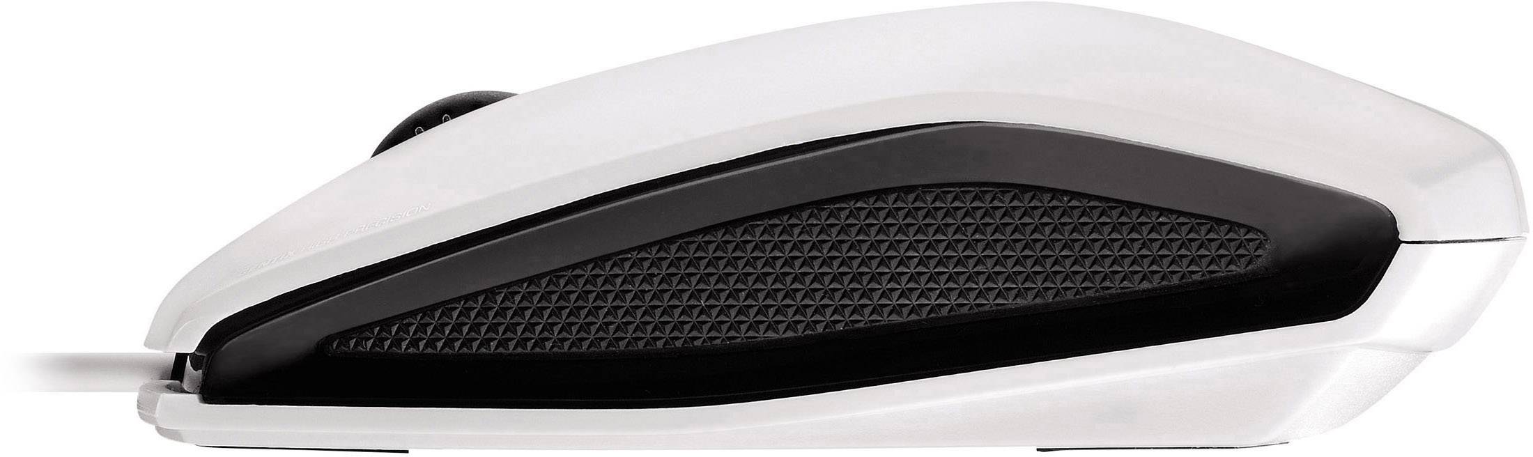 Weiße Computermaus mit schwarzem Akzent, seitliche Ansicht. Zeigt ergonomisches Design mit glatter Oberfläche und Scrollrad.